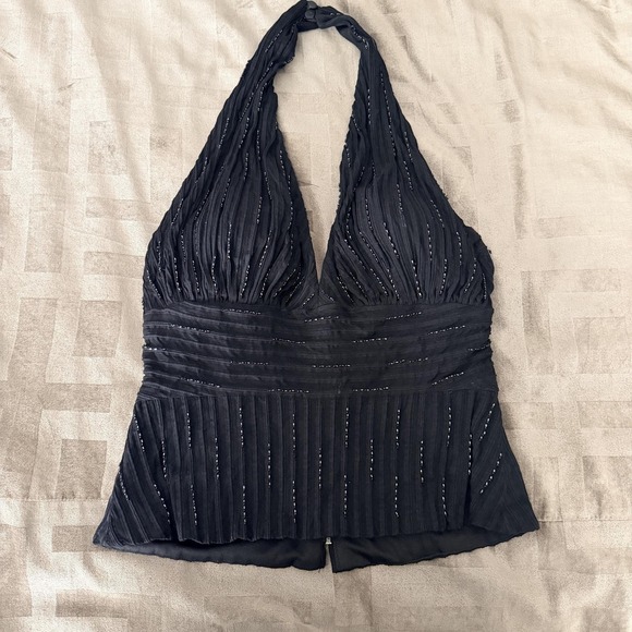 Cache Tops - VTG Y2K Cache Tank Top Womens 8 Black Beaded Halter Camisole Chiffon Lined Party